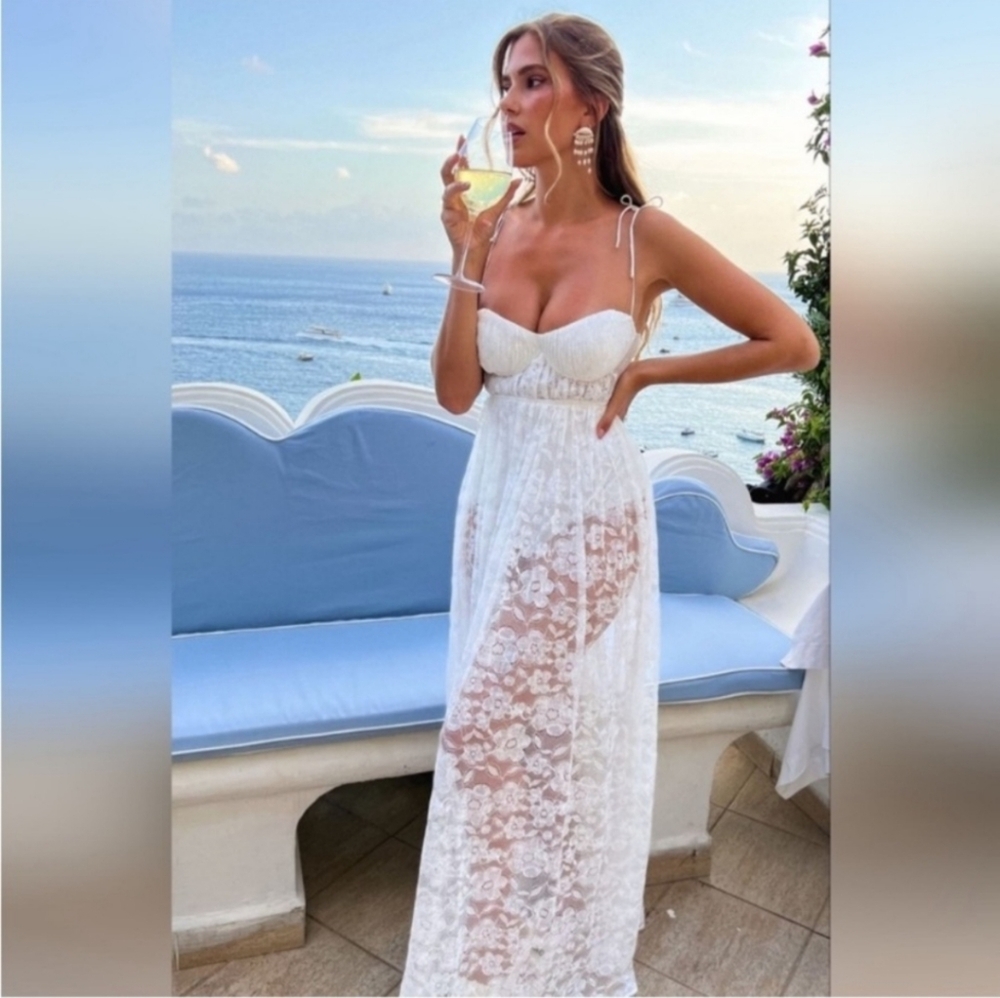 🍋For Love & Lemons Lorena White Lace Maxi Dress - Picture 2 of 16